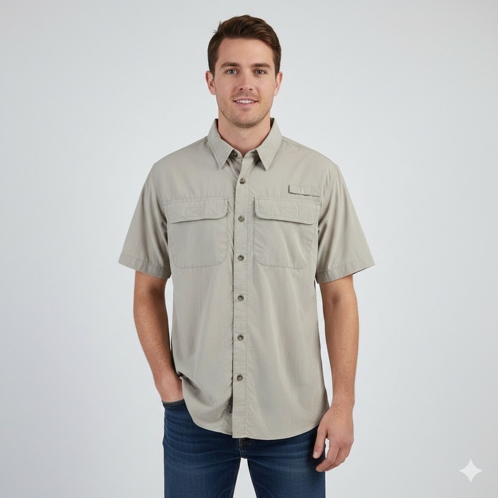 Wrangler Mens Short Sleeve Fishing Shirt Tan Nylon Button Down Utility Top Small